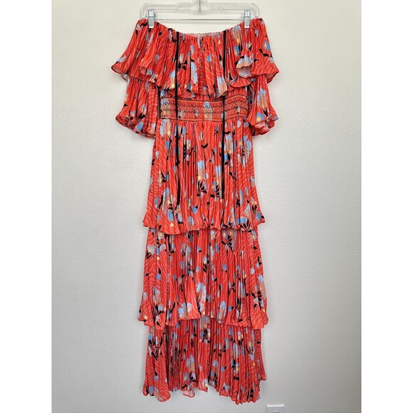 Self-Portrait Off Shoulder Pleated Ruffle Floral Tropical Midi Dress Orange Sz 0 - Picture 7 of 12
